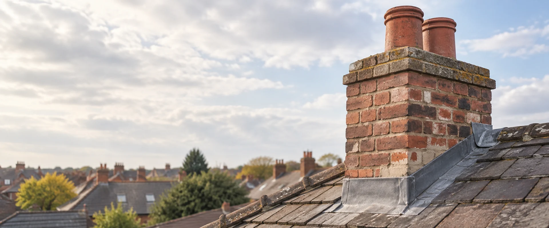 Illustrative weathered brick chimney and lead flashing on a residential roof.