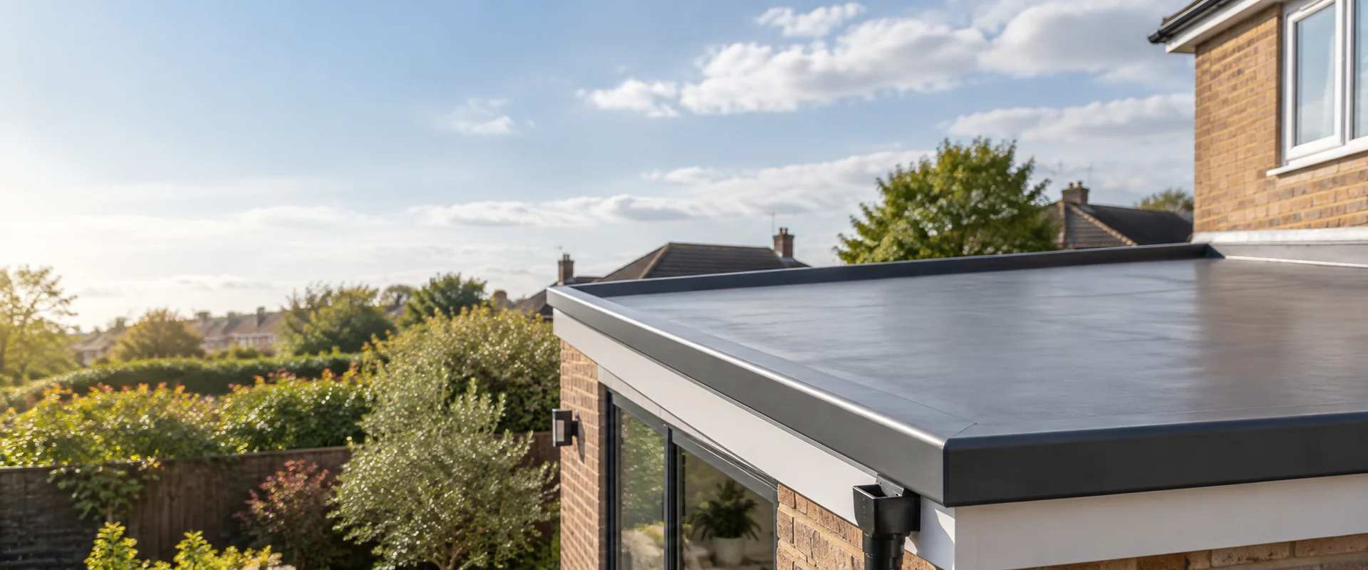 Illustrative modern flat-roof extension with a dark membrane finish.
