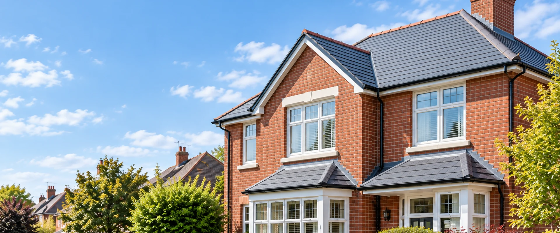 Illustrative newly installed dark tiled roof on a red-brick home.