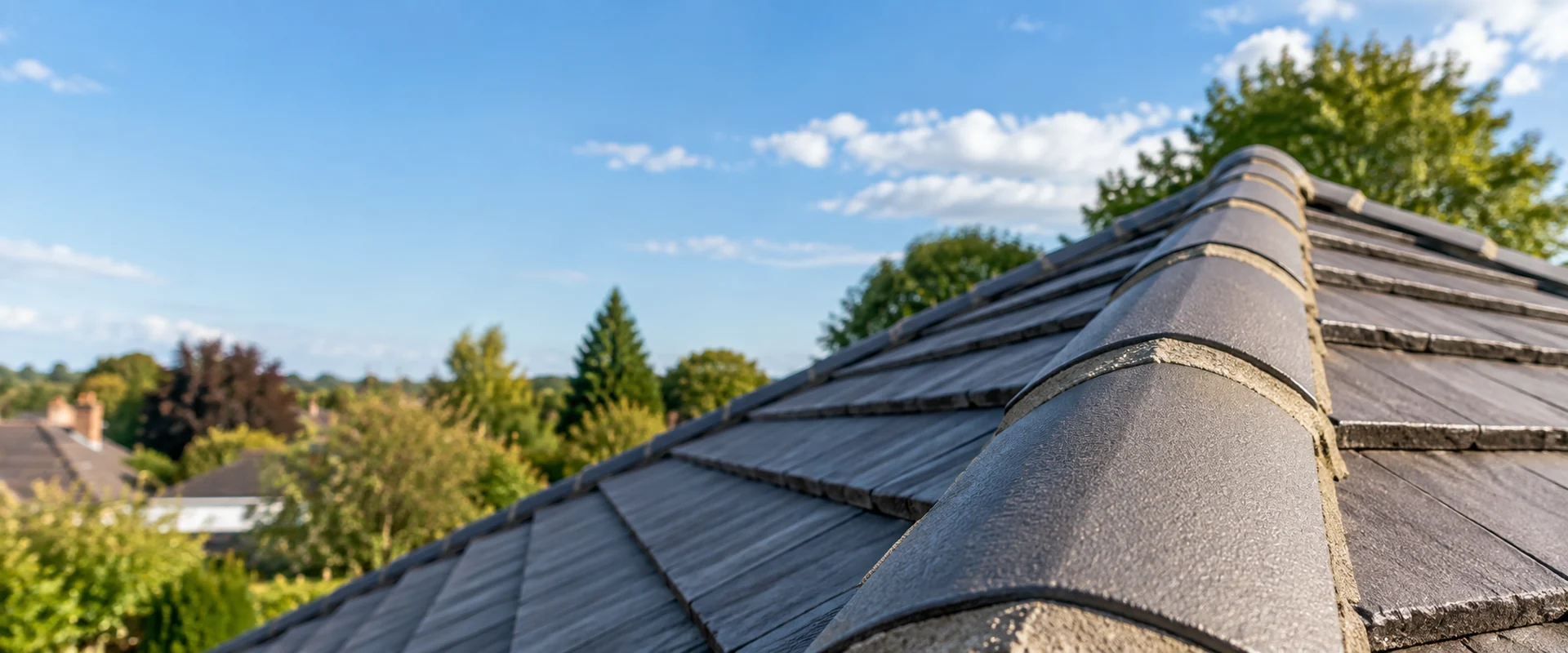 Illustrative ridge tiles along a pitched tiled roof.