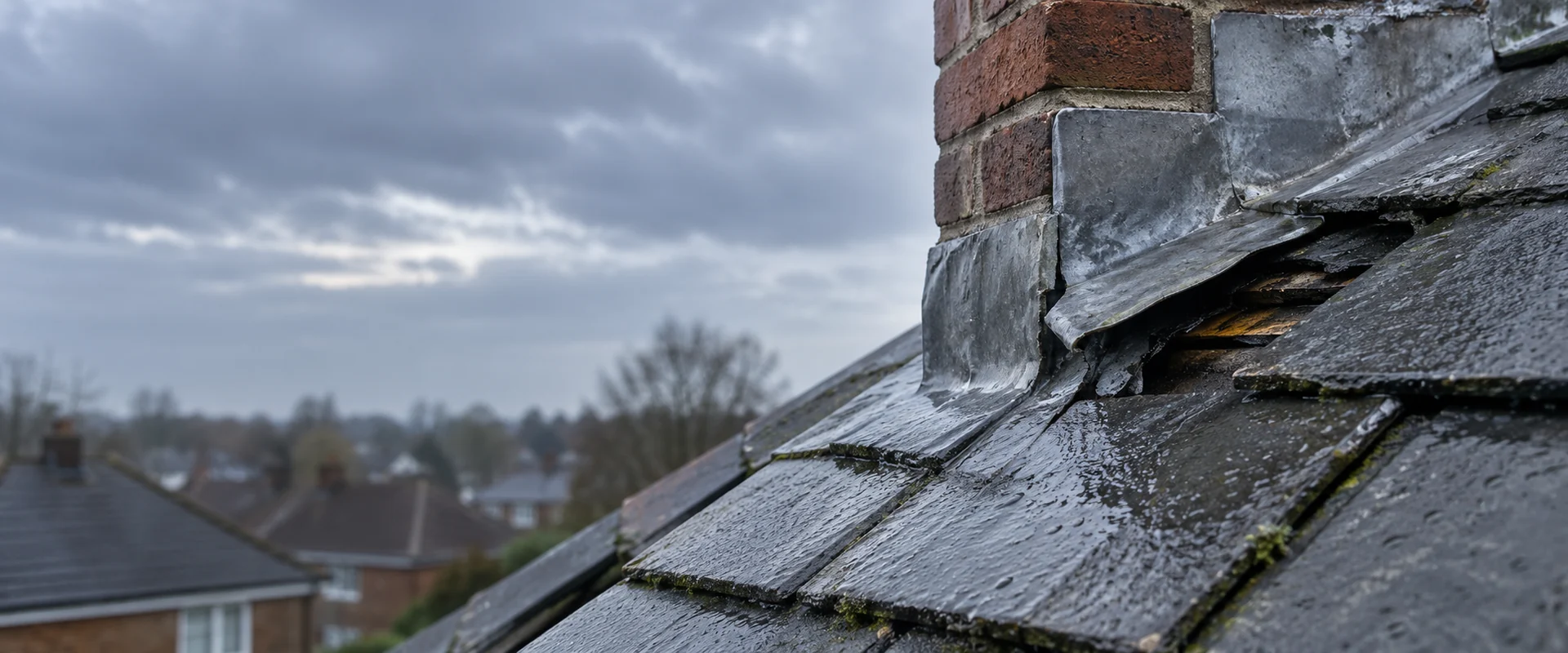 Illustrative rain-wet slate roof with damaged flashing at a chimney junction.