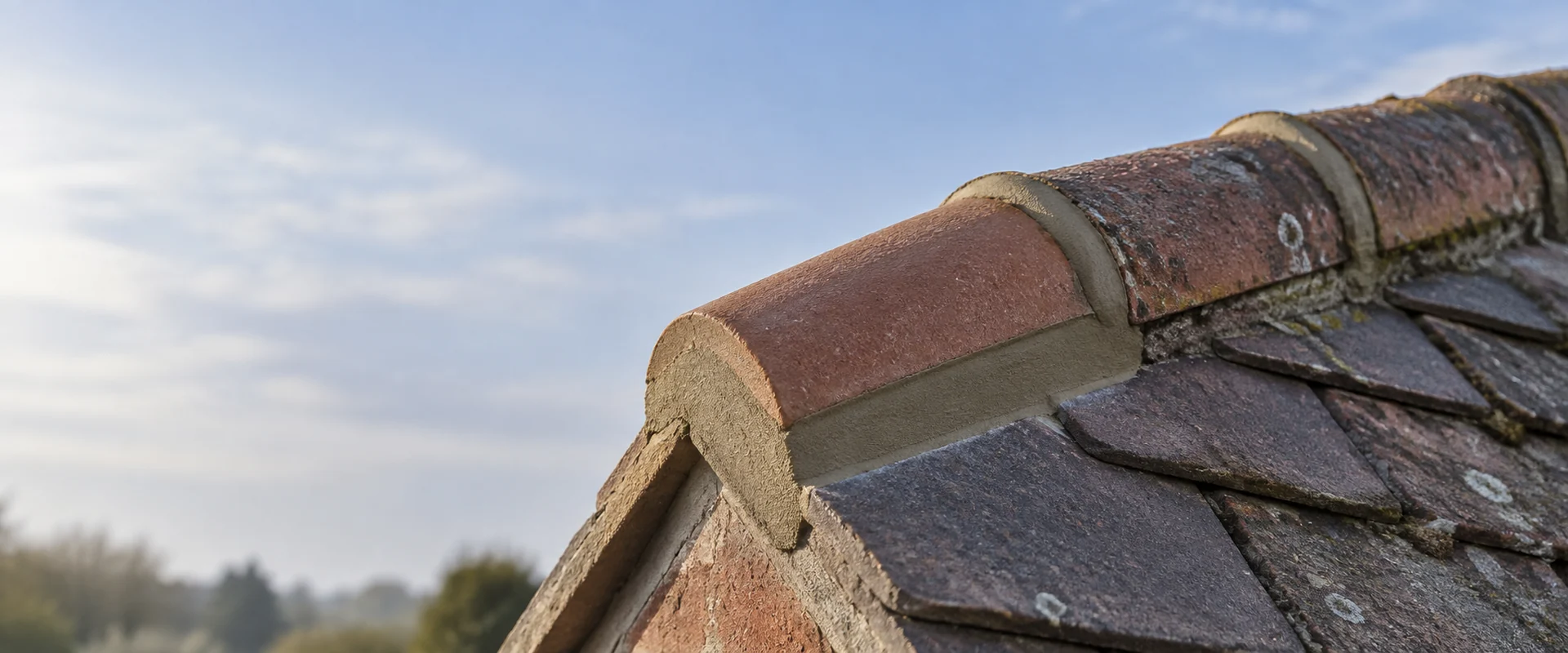 Illustrative ridge tile with fresh mortar pointing.