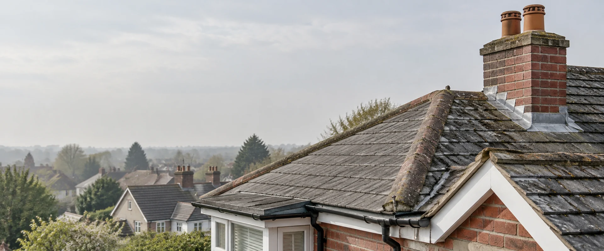Illustrative residential roofscape showing varied roof conditions for inspection.