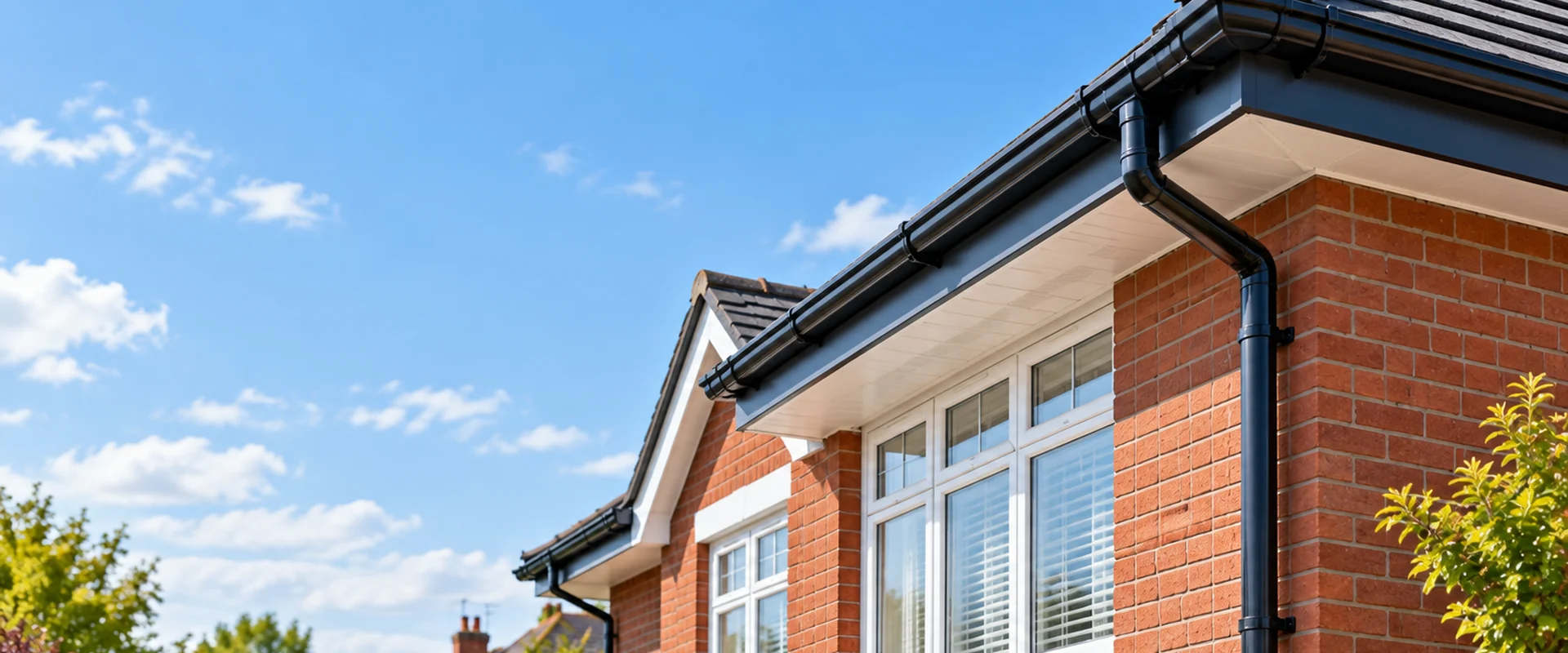 Illustrative black guttering, fascia and soffit on a red-brick home.