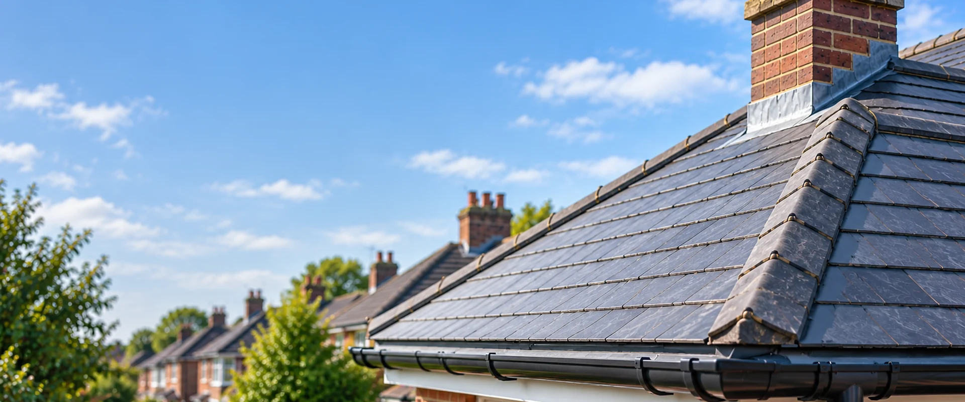 Illustrative dark slate roof with a brick chimney.