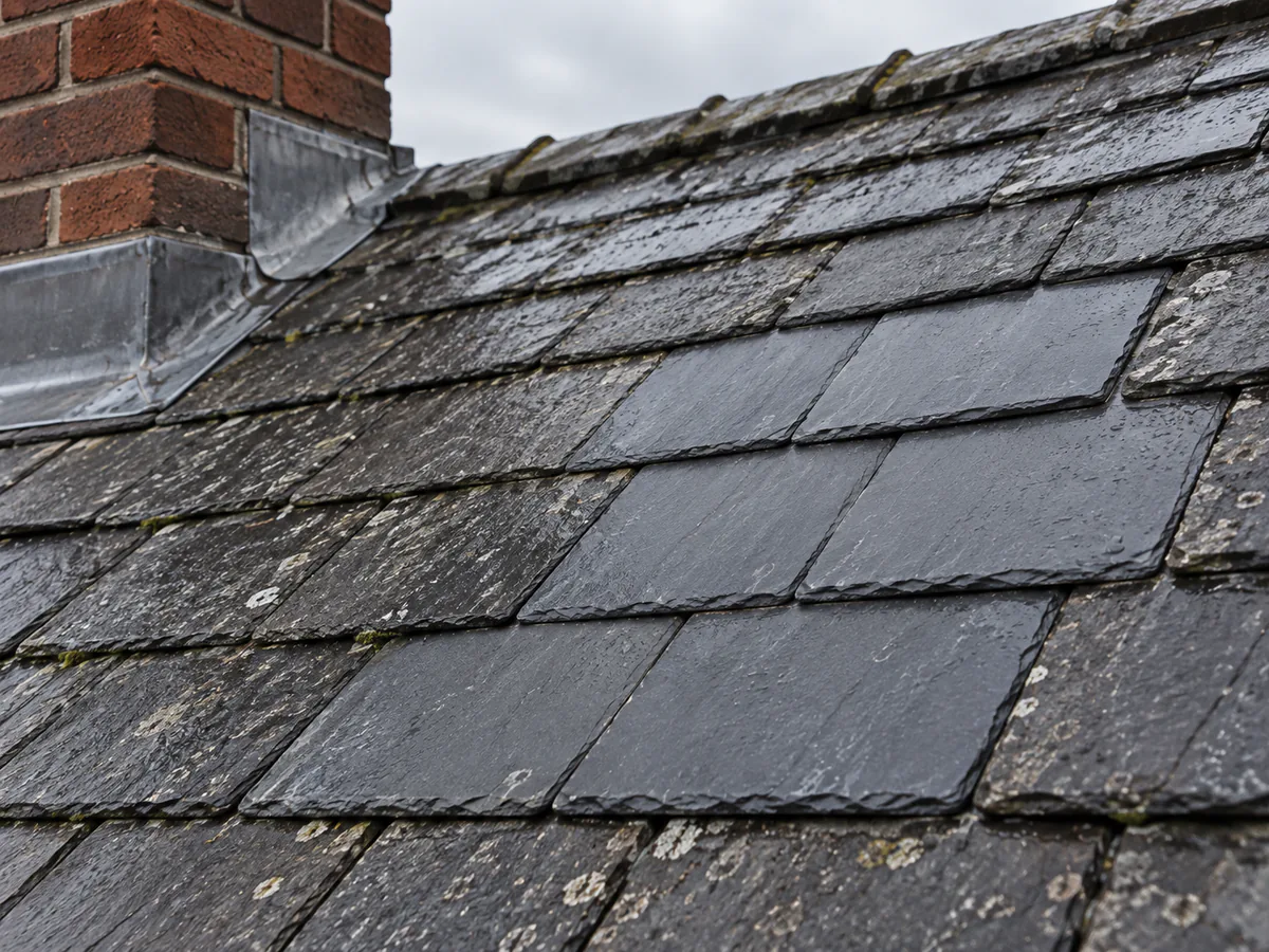 Rainy slate roof with chimney flashing detail and signs of weather exposure.