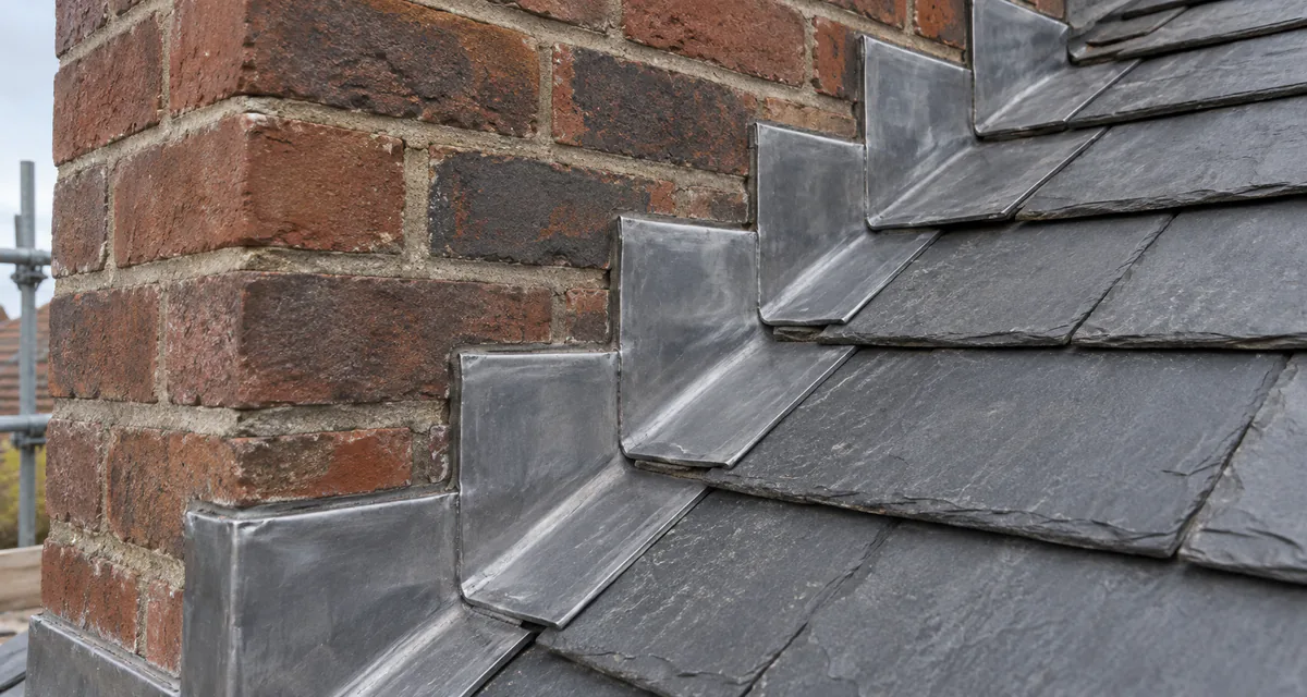 Weathered brick chimney with lead flashing on a slate roof.
