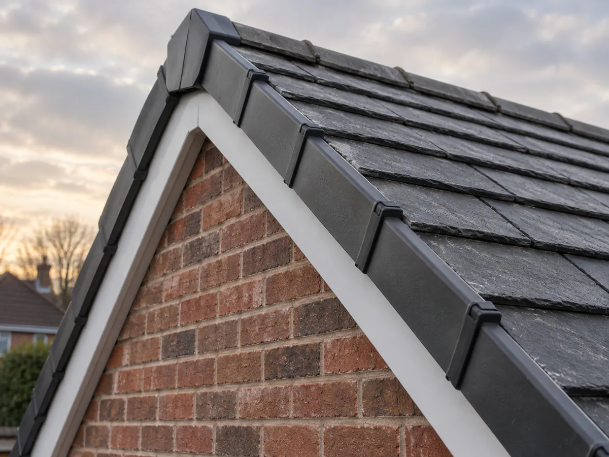 Charcoal dry verge system on a brick gable with slate roof edges.