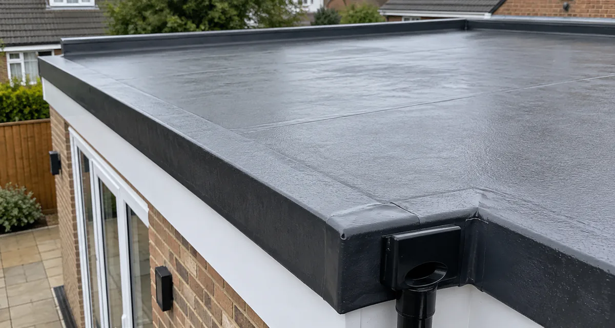 Modern flat roof drainage outlet and edge detail on a rear extension.