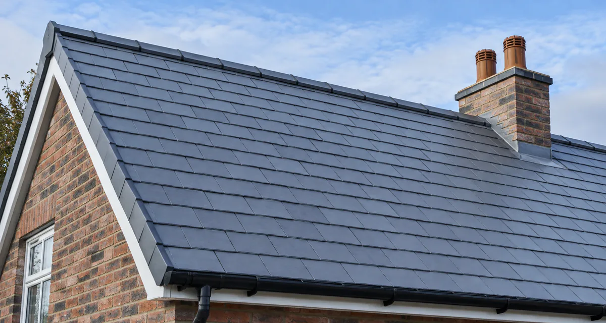 Slate roof, brick gable and chimney detail on a residential property.