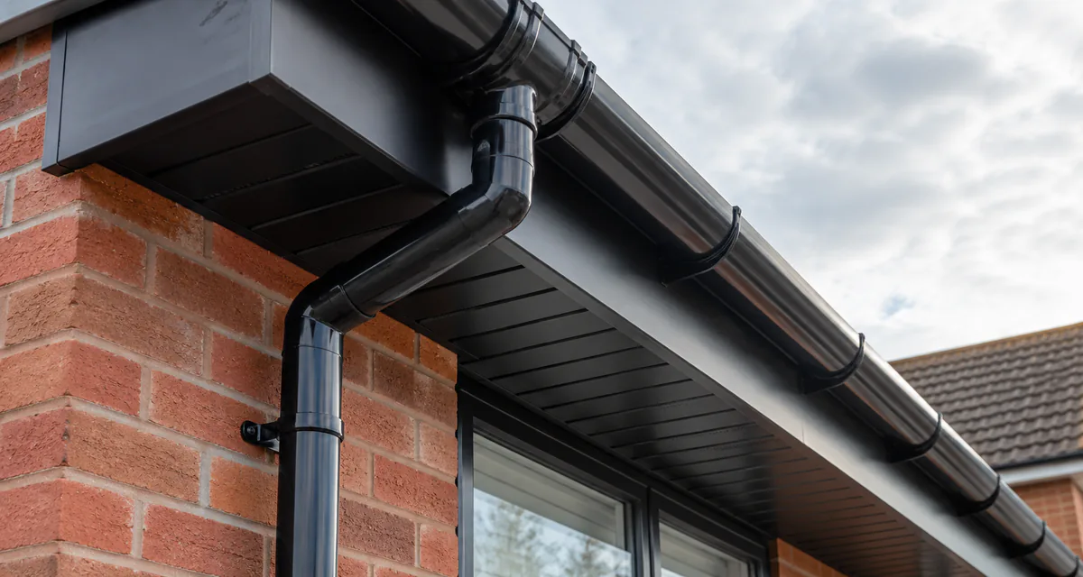Modern black guttering and downpipe fixed neatly against red brickwork.