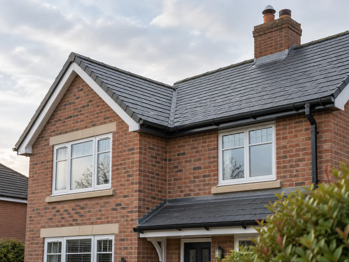 Crisp view of a tidy brick house roofline and guttering in soft morning light.