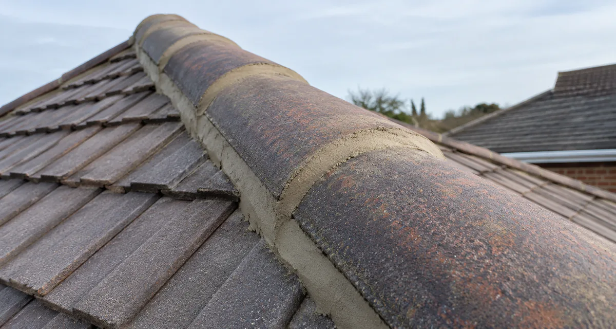 Close view of ridge tiles with fresh mortar bedding on a tiled roof.