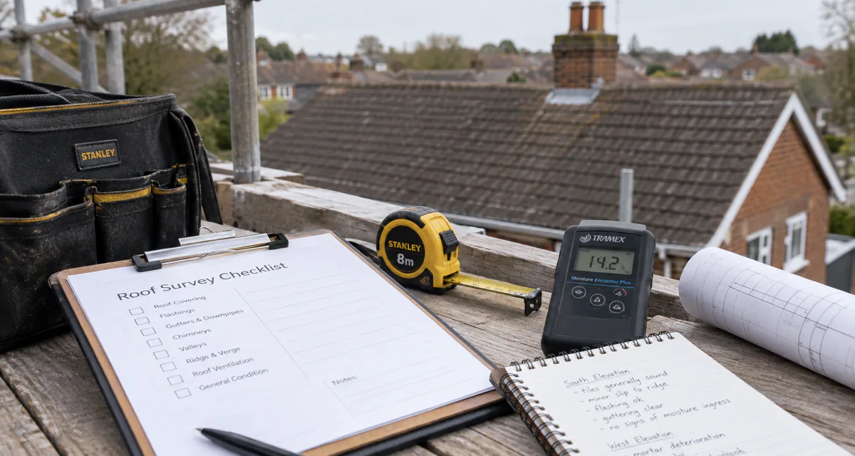 Roof survey tools and checklist laid out during an inspection.