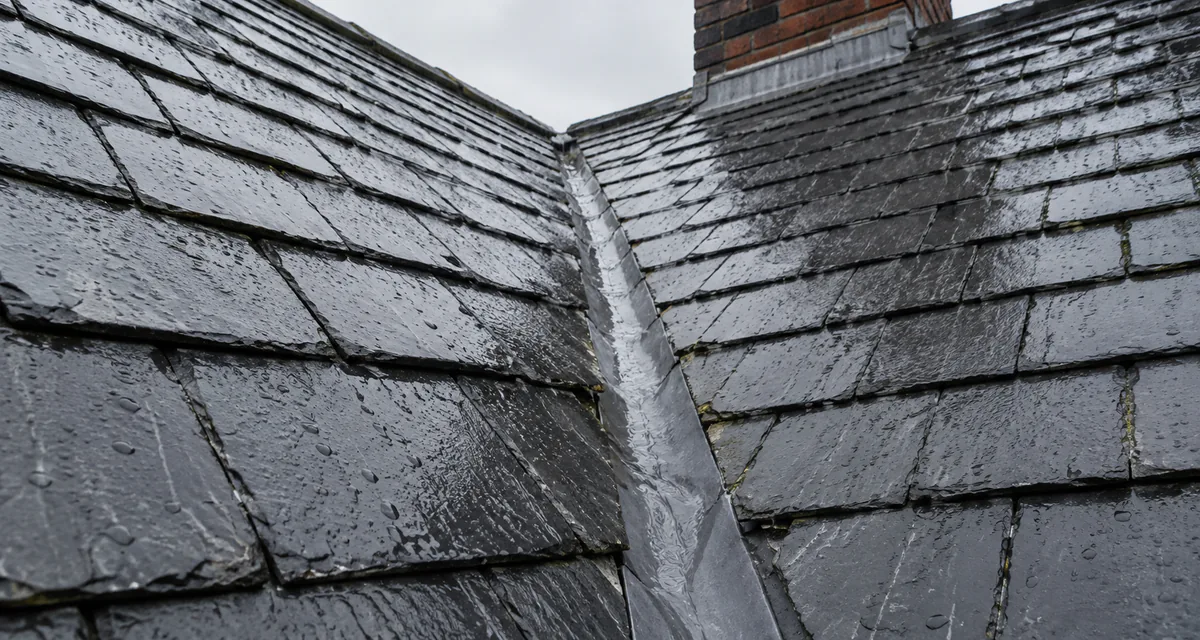 Rain-soaked slate roof valley showing lead-lined channel detail.