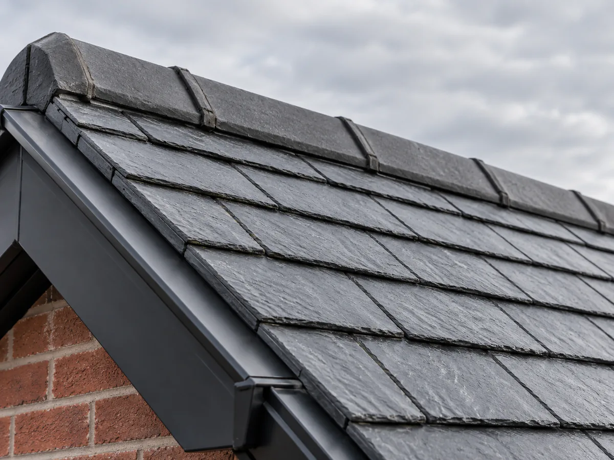 Close-up detail of a charcoal slate roofline under overcast skies.