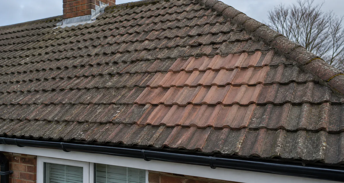 Weathered tiled roof with a section of fresh replacement tiles.